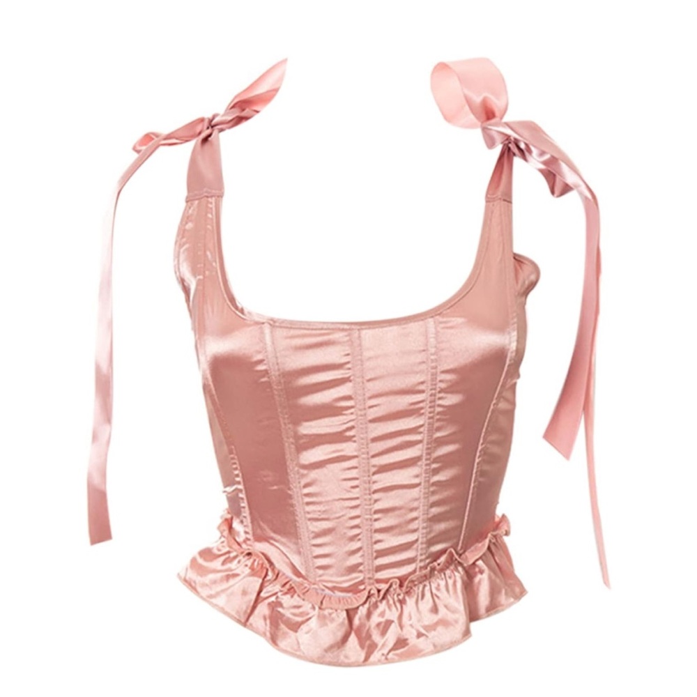 NWOT Elegant Pink Satin Corset lace up tight vest drawstring tie-up tank Top M